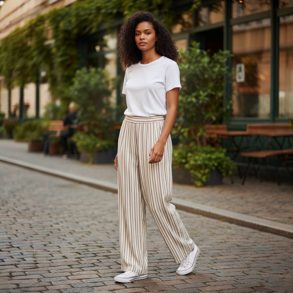 LOFT Beige and White Striped Pants Size L